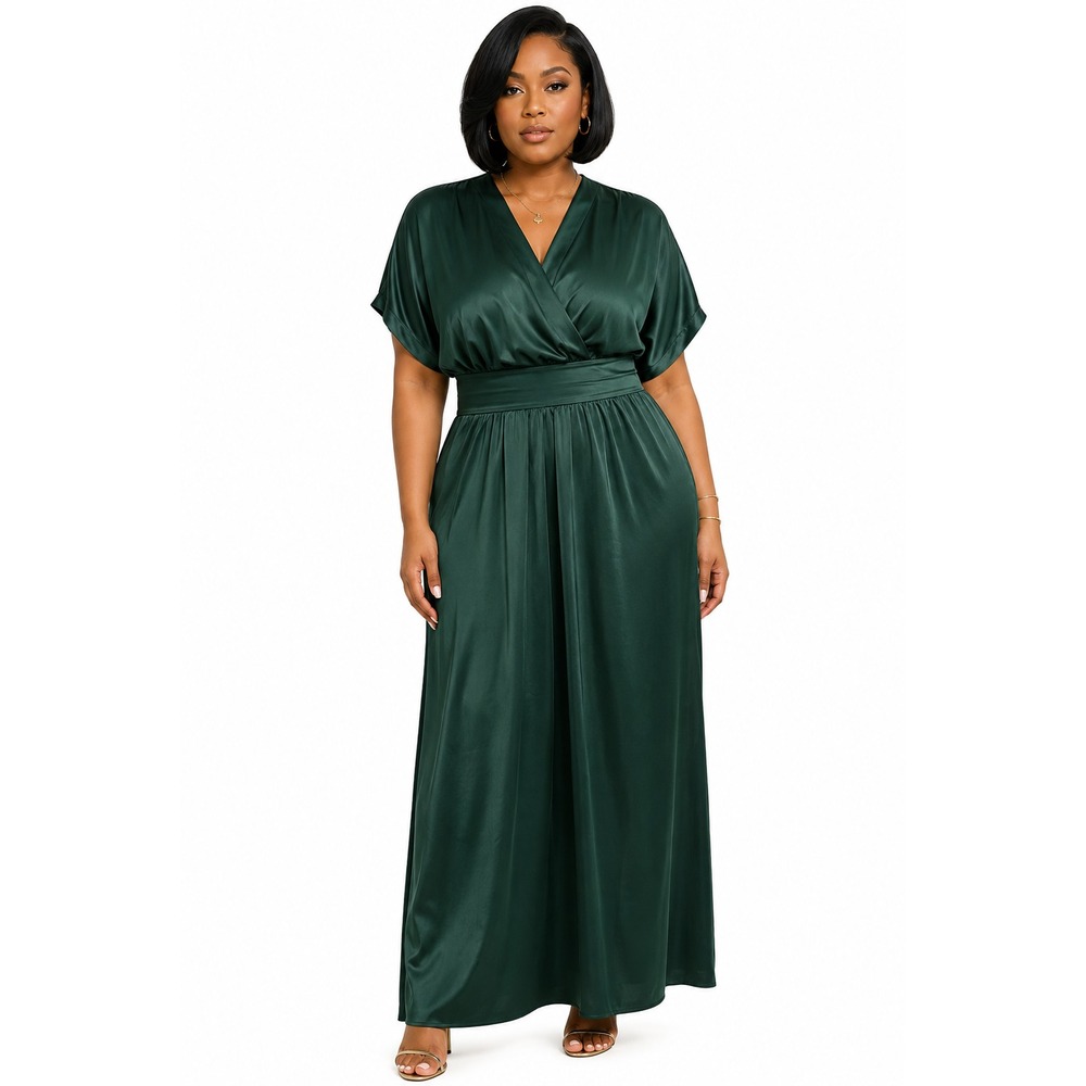 Anne Klein Women Forest Green Satin Faux Wrap Midi Dress Short Sleeve V-Neck